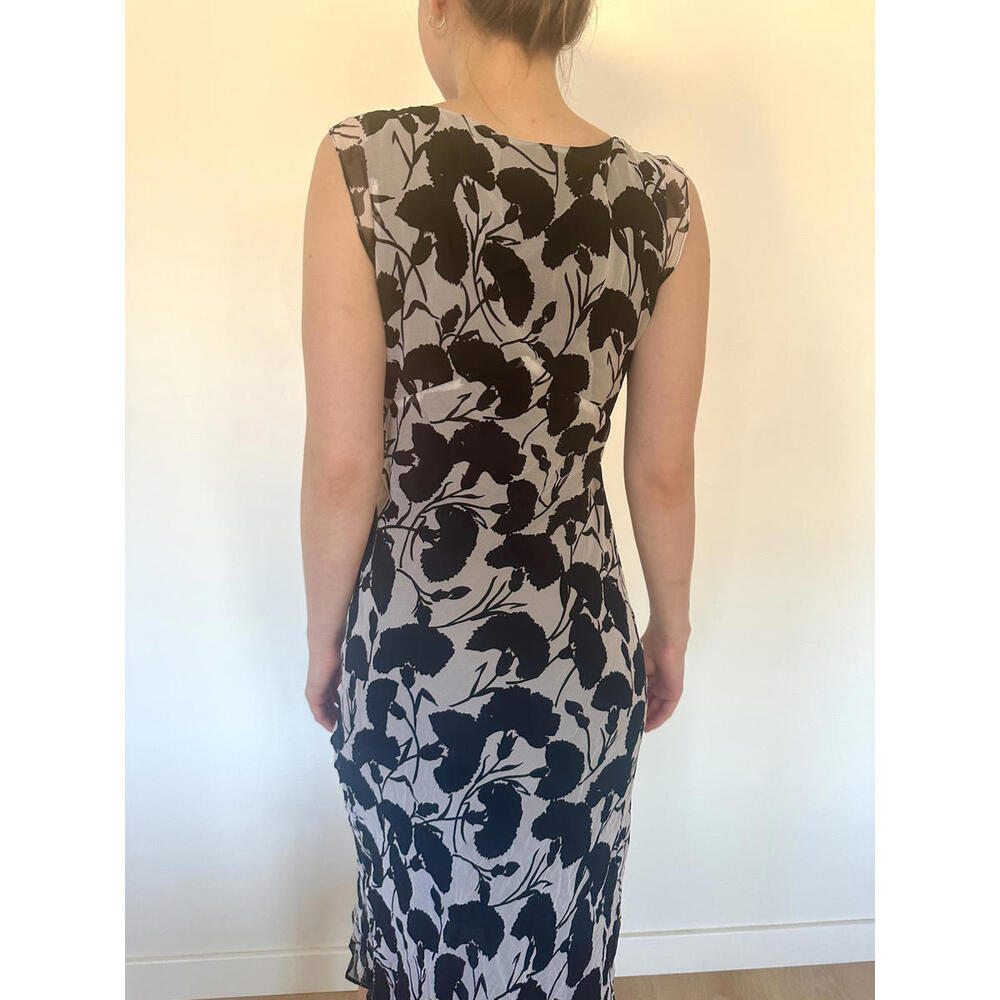 Vintage 100% Silk Black and White Floral Midi Dress - Picture 3 of 9